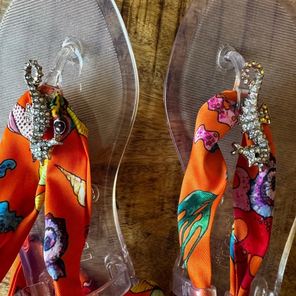 INC MALANA Orange seahorse jelly Sandals rhinestones thong jellies scarf